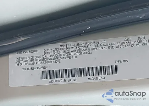 2005 Subaru Outback 3.0R z USA, uszkodzony, nr VIN 4S4BL84CX54224584